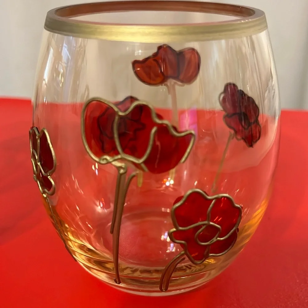 Red Poppy Flowers Hand Painted ámbar Stemless Wine Glasses Set 2